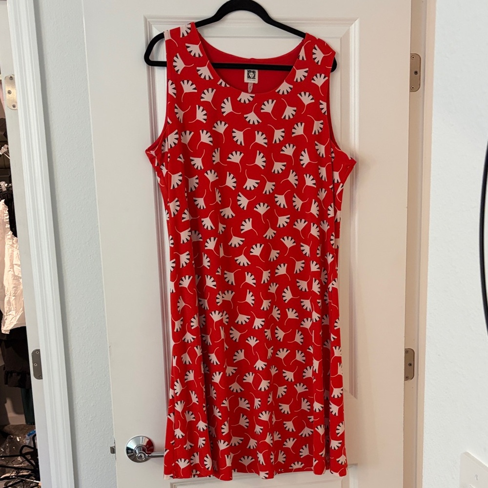 Anne Klein Vibrant Red Midi Dress with White Pattern
